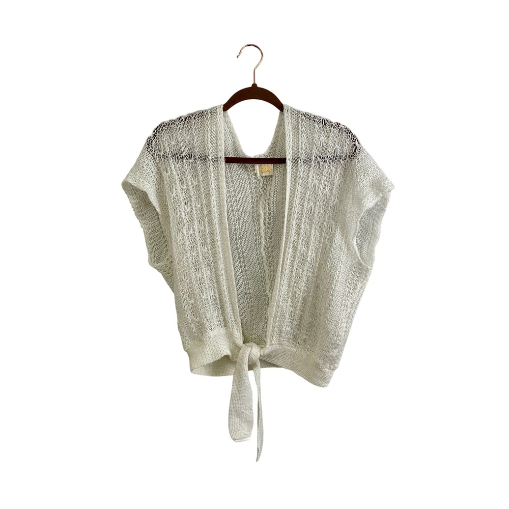 VTG 70s Glentex Open Knit Tie Front Shrug Cardigan White Coquette Balletcore M